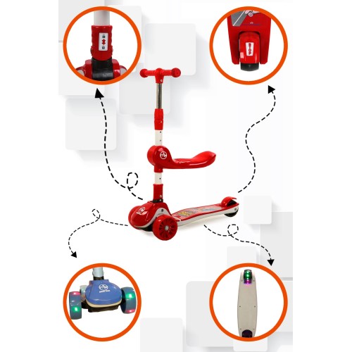 Maxi Taxi Zoomy Oturaklı Işıklı Katlanabilir Scooter Kırmızı