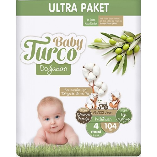 Baby Turco Doğadan Ultra Fırsat Bebek Bezi 4 No Maxi 104 lü
