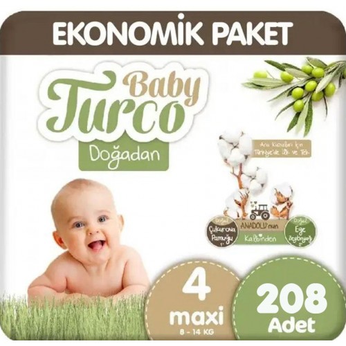 Baby Turco Doğadan Ultra Fırsat Bebek Bezi 4 No Maxi 104 lü x 2 Adet
