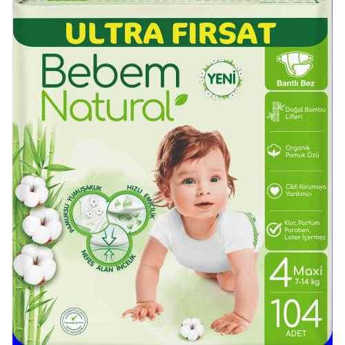 Bebem Natural Bebek Bezi Ultra Fırsat Paketi Maxi 4 No 104 lü Bebem Natural Bebek Bezi Ultra Fırsat Paketi Maxi 4 No 104 lü