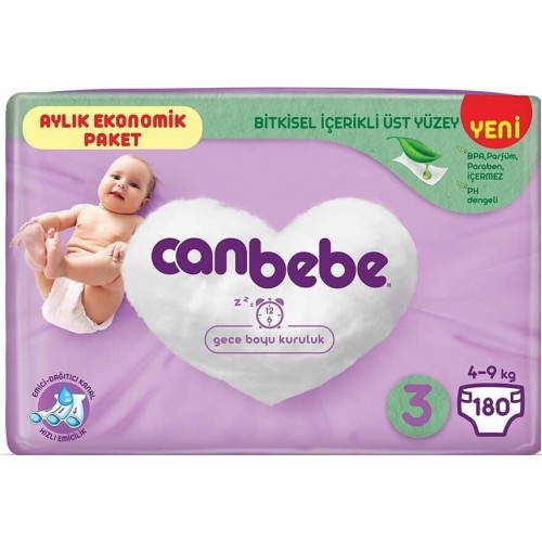 Canbebe Bebek Bezi 3 Beden  / Midi Aylık Ekonomik Paket 180 Adet