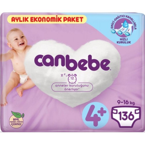 Canbebe Bebek Bezi 4+ Beden / Maxi + Aylık Ekonomik Paket 136 Adet