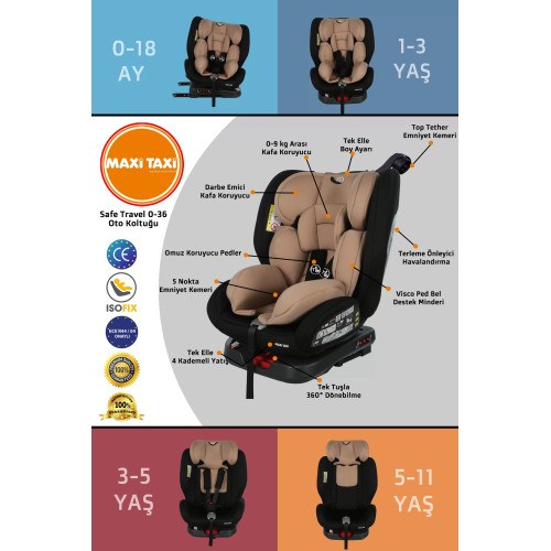 Maxi Taxi Safe Travel 360 Dönebilen İsofix Oto Koltuğu Bej-Siyah
