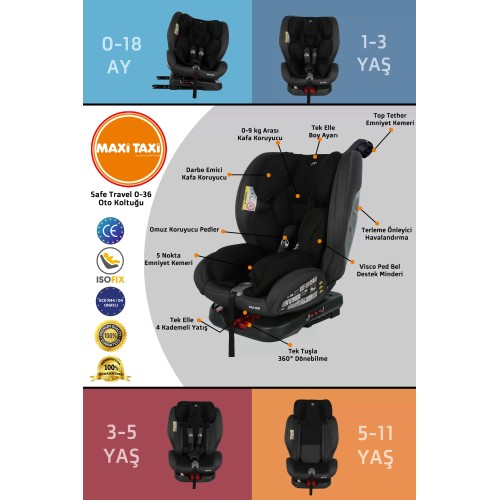 Maxi Taxi Safe Travel 360 Dönebilen İsofix Oto Koltuğu Gri-Siyah