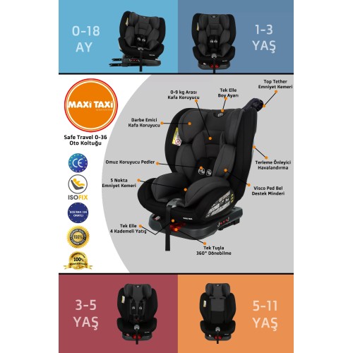 Maxi Taxi Safe Travel 360 Dönebilen İsofix Oto Koltuğu Siyah-Gri Maxi Taxi Safe Travel 360 Dönebilen İsofix Oto Koltuğu Siyah-Gri