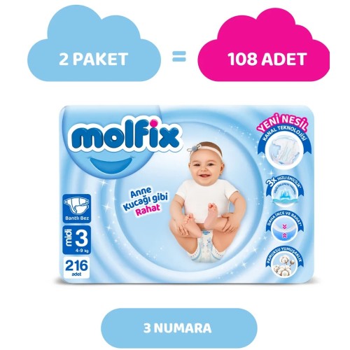 Molfix Bebek Bezi Ultra Fırsat Paketi Midi 3 No 108 x 2 Adet Molfix Bebek Bezi Ultra Fırsat Paketi Midi 3 No 108 x 2 Adet