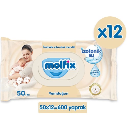 Molfix İzotonik Sulu Mendil Yenidoğan 50 li x 12 Adet (600 Yaprak)