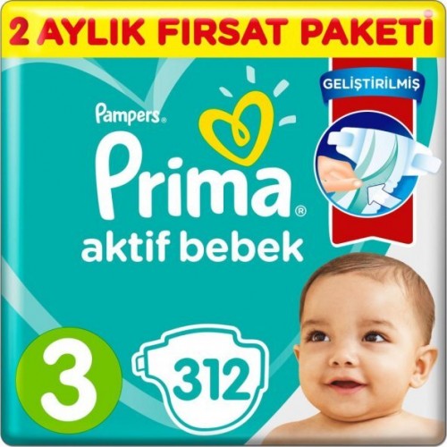 Prima Bebek Bezi Aktif Bebek 3 Beden 156 Adet AylıkFırsat Paketi x 2 Adet