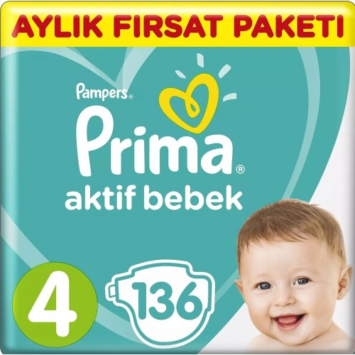 Prima Bebek Bezi Aktif Bebek 4 Beden 136 Adet Aylık Fırsat Paketi