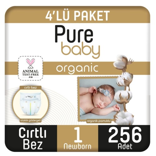 Pure Baby Organik Pamuklu Cırtlı Bebek Bezi Yenidoğan 1 No 256 lı