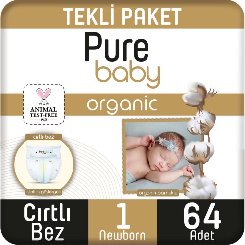 Pure Baby Organik Pamuklu Cırtlı Bebek Bezi Yenidoğan 1 No 64 lü