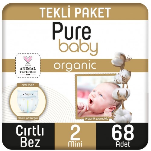 Pure Baby Organik Pamuklu Cırtlı Bebek Bezi Mini 2 No 68 lü
