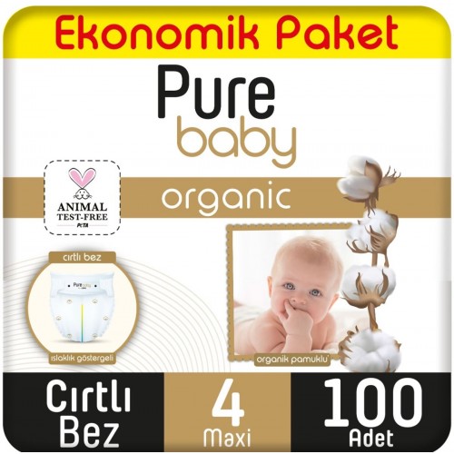 Pure Baby Organik Pamuklu Cırtlı Bez Ekonomik Paket 4 No Maxi 100 lü