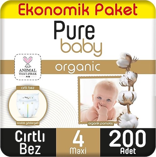 Pure Baby Organik Pamuklu Cırtlı Bez Ekonomik Paket 4 No Maxi 200 lü
