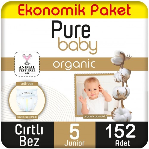 Pure Baby Organik Pamuklu Cırtlı Bez Ekonomik Paket 5 No Junior 152 li
