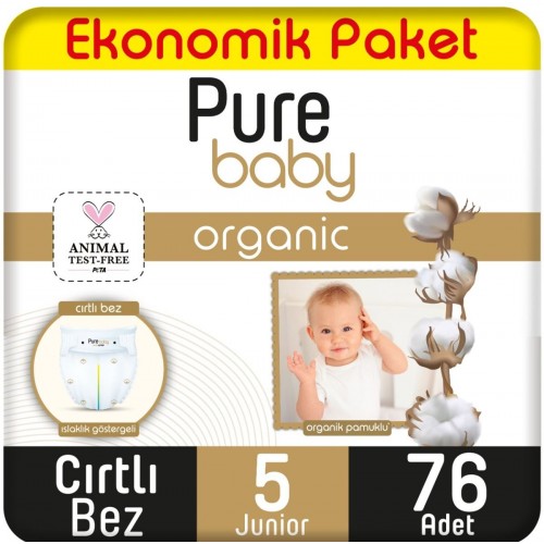 Pure Baby Organik Pamuklu Cırtlı Bez Ekonomik Paket 5 No Junior 76 lı