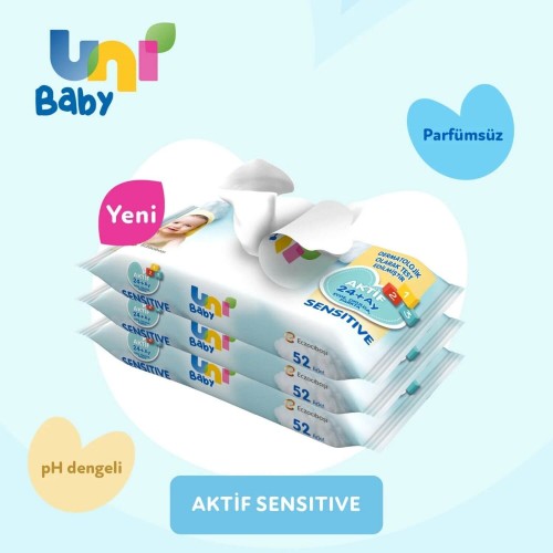Uni Baby Aktif Sensitive Islak Havlu 3 x 52 li Uni Baby Aktif Sensitive Islak Havlu 3 x 52 li