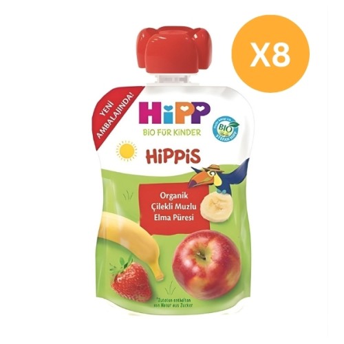 Hipp Organik Çilekli Muzlu Elma Püresi 100 gr x 8 Adet
