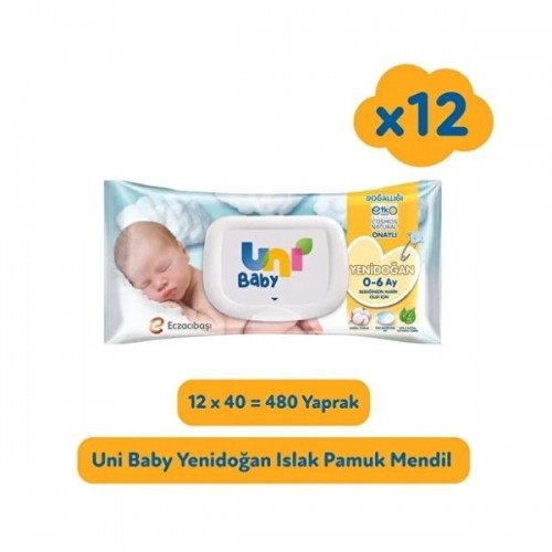 Uni Baby Yenidoğan Islak Mendil 40 lı x 12 Adet