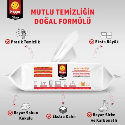 Happy Beyaz Sabun Kokulu Yüzey Temizleme Havlusu 100 lü x 3 Adet