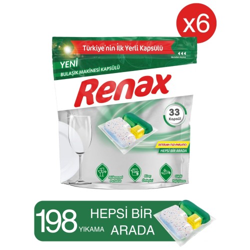 Renax Bulaşık Makinesi Kapsülü Hepsi Bir Arada 33 lü x 6 Adet
