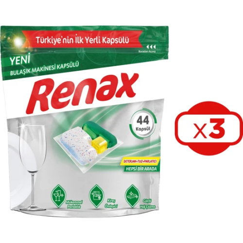 Renax Bulaşık Makinesi Kapsülü Hepsi Bir Arada 44 lü x 3 Adet