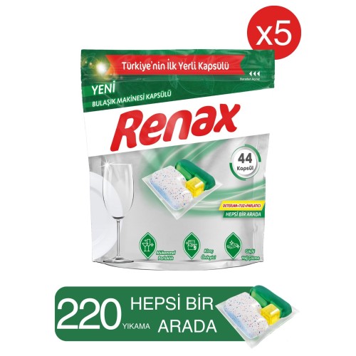 Renax Bulaşık Makinesi Kapsülü Hepsi Bir Arada 44 lü x 5 Adet