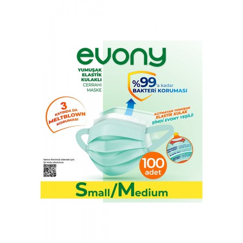 Evony Elastik Kulaklı 3 Katlı Small/Medium Cerrahi Maske 50li x 2 Adet