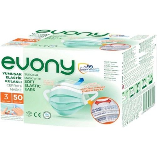 Evony Yumuşak Elastik Kulaklı 3 Katlı Telli Cerrahi Maske 50 lii