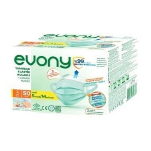 Evony Yumuşak Elastik Kulaklı 3 Katlı Small/Medium Cerrahi Maske 50 li