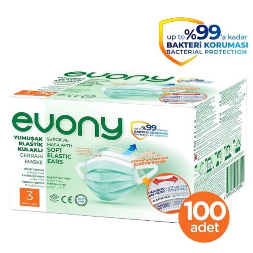 Evony Yumuşak Elastik Kulaklı 3 Katlı Telli Cerrahi Maske 100 lü