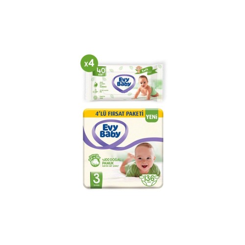 Evy Baby Bebek Bezi 3 Beden Midi 136 Adet + 4 Paket Islak Havlu
