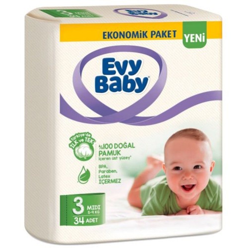 Evy Baby Bebek Bezi 3 Beden Midi 34 lü x 4 Adet (Şampuan Hediye)