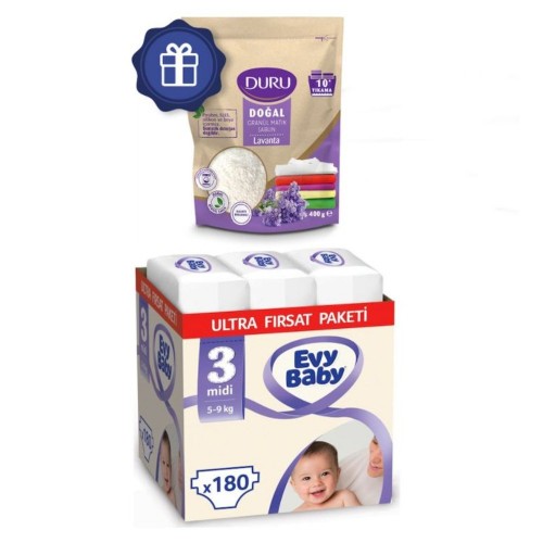 Evy Baby Bebek Bezi 3 Beden Midi Ultra Fırsat Paketi 180 Adet (Duru Granül Hediyeli)
