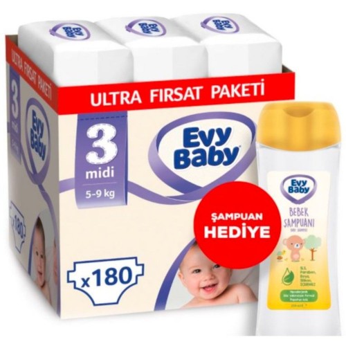 Evy Baby Bebek Bezi 3 Beden Midi Ultra Fırsat Paketi 180 Adet (Şampuan Hediyeli)
