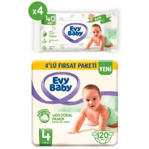 Evy Baby Bebek Bezi 4 Beden Maxi 120 Adet + 4 Paket Islak Havlu