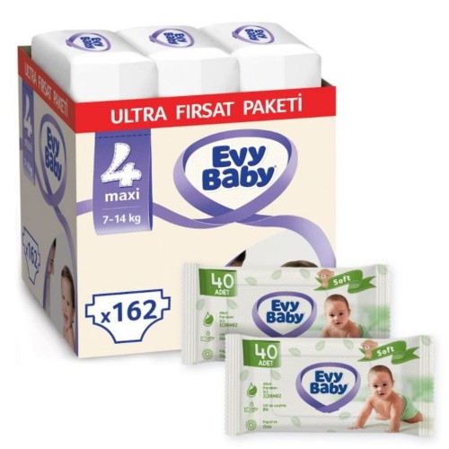 Evy Baby Bebek Bezi 4 Beden Maxi Ultra Fırsat Paketi 162 Adet (80 Yaprak Islak Havlu Hediyeli)