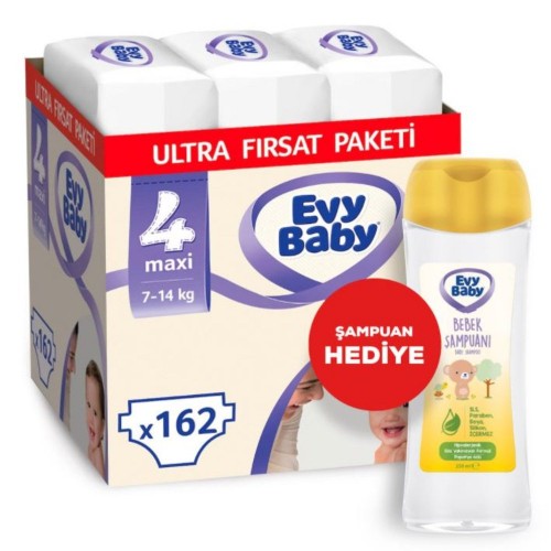 Evy Baby Bebek Bezi 4 Beden Maxi Ultra Fırsat Paketi 162 Adet (Şampuan Hediye)