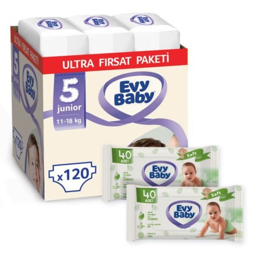 Evy Baby Bebek Bezi 5 Beden Junior Ultra Fırsat Paketi 120 Adet (80 Yaprak Islak Havlu Hediyeli)