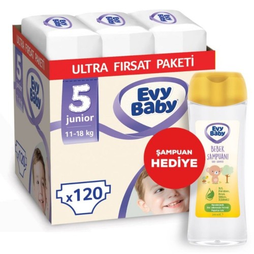 Evy Baby Bebek Bezi 5 Beden Junior Ultra Fırsat Paketi 120 Adet (Şampuan Hediye)
