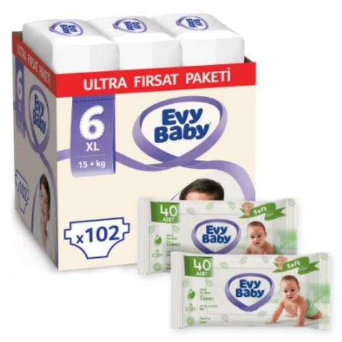 Evy Baby Bebek Bezi 6 Beden Ekstra Large Ultra Fırsat Paketi 102 Adet (80 Yaprak Islak Havlu Hediyeli)