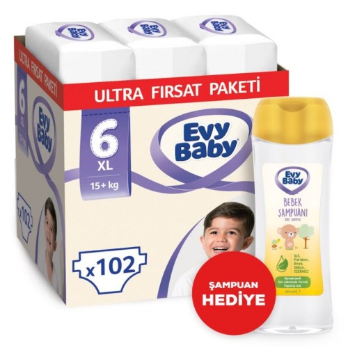 Evy Baby Bebek Bezi 6 Beden Ekstra Large Ultra Fırsat Paketi 102 Adet (Şampuan Hediye)