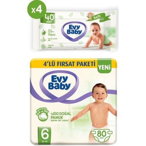 Evy Baby Bebek Bezi 6 Beden XL 80 Adet + 4 Paket Islak Havlu
