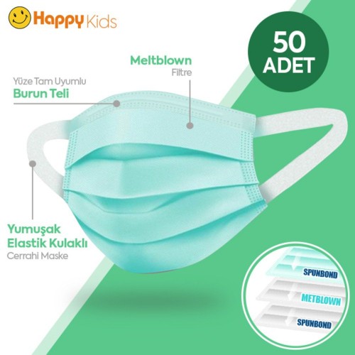 Happy Kids Elastik Kulaklı 3 Katlı Telli Yeşil Cerrahi Maske 50 li