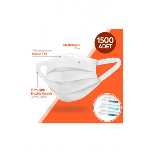 Happy Yumuşak Elastik Kulaklı 3 Katlı Telli Beyaz Cerrahi Maske 1500lü