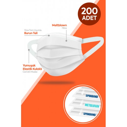 Happy Yumuşak Elastik Kulaklı 3 Katlı Telli Beyaz Cerrahi Maske 200 lü