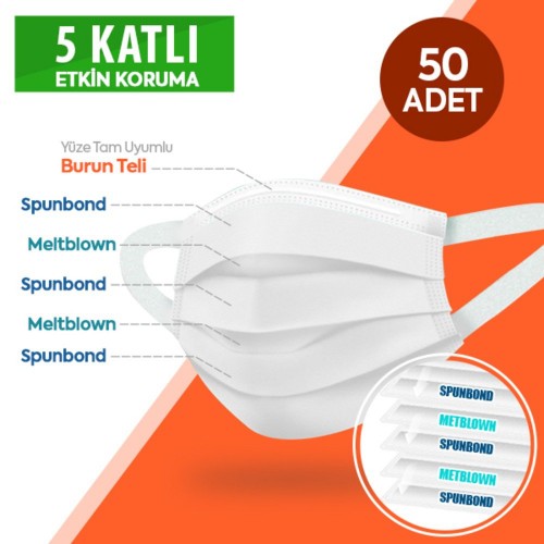 Happy Yumuşak Elastik Kulaklı 5 Katlı Telli Beyaz Cerrahi Maske 50 li