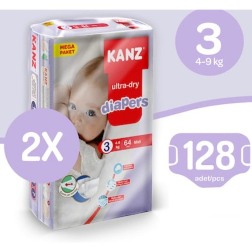Kanz Bebek Bezi Mega Paket Midi 3 No 64 lü x 2 Adet