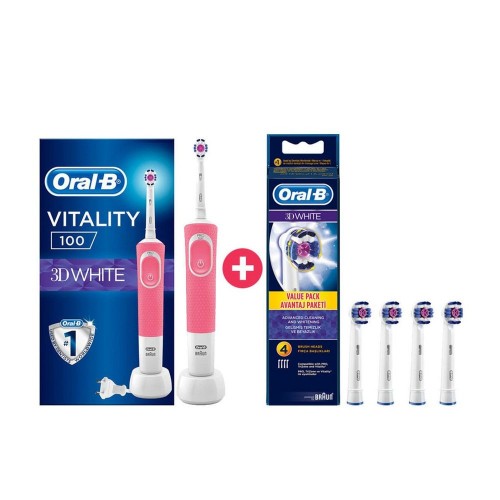 Oral-B Vitality D100 3D White Şarjlı Diş Fırçası Pembe + 4 Yedek
