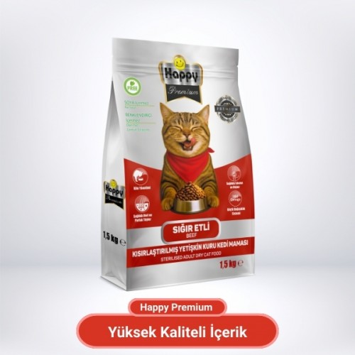 Happy Kısırlaştırılmış Sığır Etli Kuru Kedi Maması 1,5 Kg Happy Kısırlaştırılmış Sığır Etli Kuru Kedi Maması 1,5 Kg
